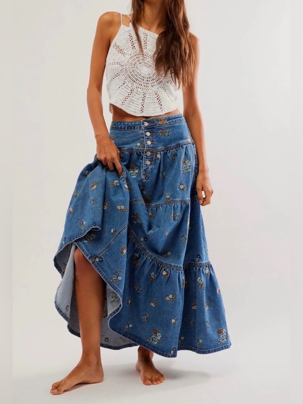 Free People • driftwood denim embroidered maxi skirt